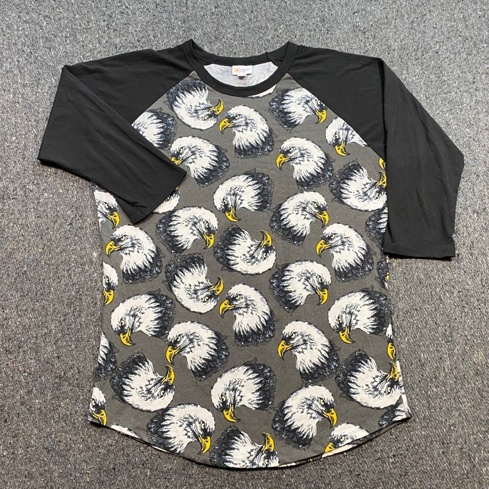 LuLaRoe Randy TShirt Sz L Womens Gray Black Eagle Print Raglan Americana Skater